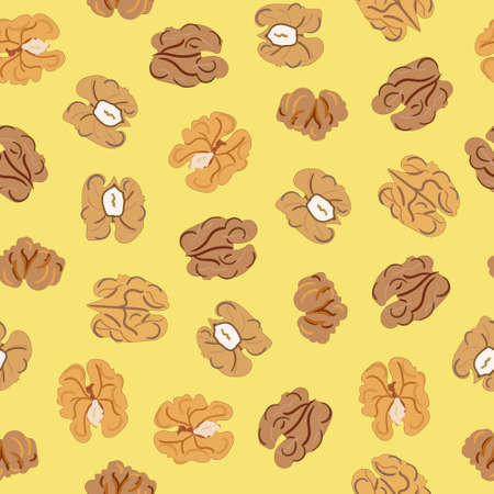 Seamless colorful pattern of walnut. Kitchen, cooking print. Textile design. Organic food. Hand drawn cartoon vector illustrationのイラスト素材