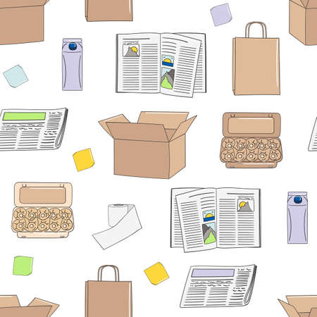 Seamless pattern of paper and cardboard. Box, newspaper, magazine, paper, milk and egg packaging. Waste management. Sorting garbage. Recycle concept. Cartoon hand drawn vector illustration.のイラスト素材