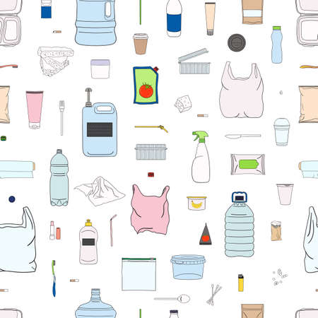 Seamless pattern of colorful garbage. Bottle, tube, brush, straw, container, machine, fork, coffee cup. Waste management. Sorting garbage. Recycle concept. Cartoon hand drawn vector illustration.のイラスト素材