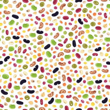 Seamless pattern of beans and legumes. Kitchen, cooking print. Chickpea, kidney bean, mung, soy, lentils, pinto beans, adzuki, lima beans. Organic food. Hand drawn cartoon vector illustrationのイラスト素材