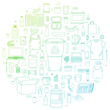 Set of sorted garbage in circle. Recycle trash bin. Waste management. Sorting garbage. Organic, metal, plastic, paper, glass, e-waste, special, mixed trash. Line icons. Hand drawn vector illustration.のイラスト素材