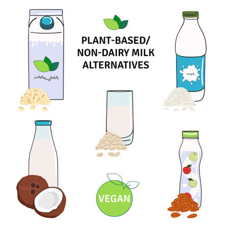 Set of plant-based, non-dairy milk alternatives. Milk bottle and carton box, yogurt. Almond, soy, rice, coconut, oat milk. Hand drawn vector illustration.のイラスト素材