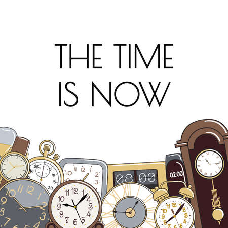 Banner template of cartoon watches and alarm clock icons. Design for greeting card, flyer, brochure and promotion. Hand drawn vector illustration.のイラスト素材