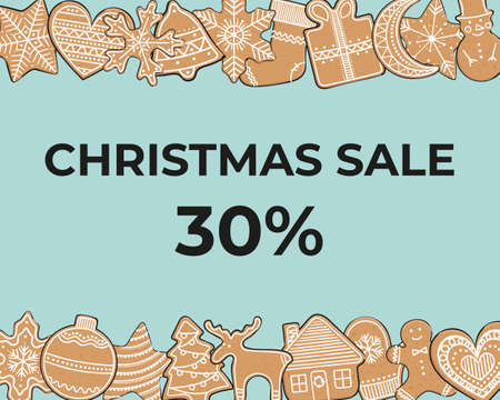 Frames with gingerbread cookies. Christmas elements for winter holidays. Gingerbread man and woman, present, stars, bell, ball, house, heart. Hand-drawn vector illustration.のイラスト素材