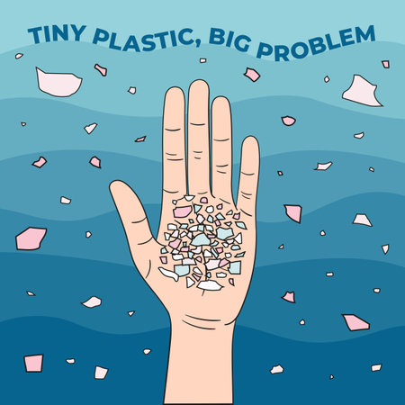 Micro beads on the palm. Microplastics in water from mismanaged plastic waste. Marine and ocean plastic pollution. Environmental problems. Hand drawn vector illustration.のイラスト素材