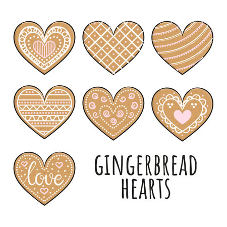 Happy Valentine's Day cards with gingerbread heart cookies. Different types of gingerbread hearts with glaze for a banner, poster or greeting card. Hand-drawn vector illustration.のイラスト素材