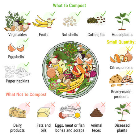 Infographic of composting bin with kitchen scraps. What to or not to compost. No food wasted. Recycling organic waste, compost. Sustainable living, zero waste concept. Hand drawn vector illustration.のイラスト素材