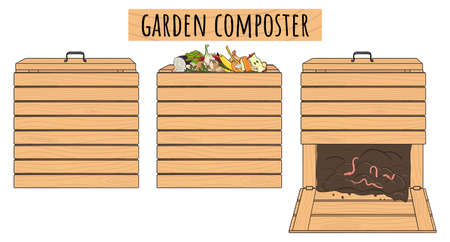 Set of garden wood composting bins. Garden fertilizer organic with worms. Recycling organic waste. Sustainable living concept. Hand drawn vector illustration.のイラスト素材