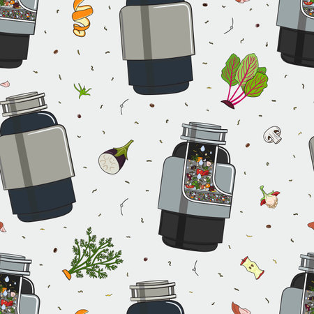 Seamless pattern with food waste disposer for kitchen sink with kitchen scraps and leftovers....