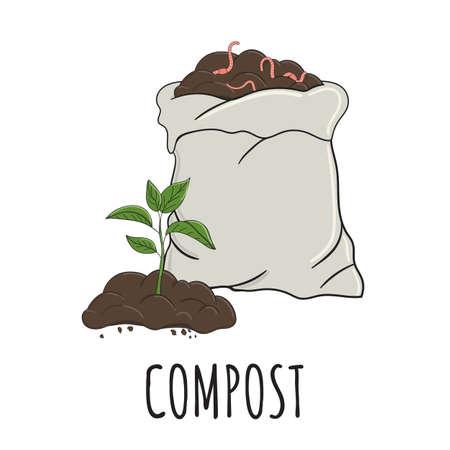 Garden organic fertilizer with sprout. Ready compost pile in sack with worms. Recycling organic waste. Sustainable living concept. Hand drawn vector illustration.のイラスト素材