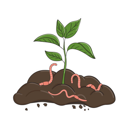 Garden organic fertilizer with worms. Ready compost pile with sprout. Recycling organic waste. Sustainable living concept. Hand drawn vector illustration.のイラスト素材