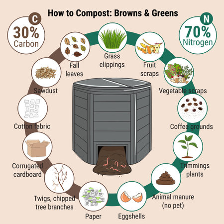 Infographic of garden composting bin with scraps. What to compost. Green and brawn ratio for composting. Recycling organic waste. Sustainable living concept. Hand drawn vector illustration.のイラスト素材