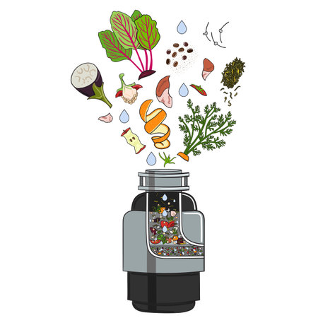 Food waste disposer for kitchen sink with kitchen scraps falling into it. Home garbage disposal....
