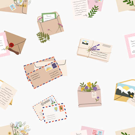 Seamless pattern of mails, envelopes, letters, postcards, postage stamps. Concept of correspondence with friends and business. Hand drawn vector illustration.のイラスト素材