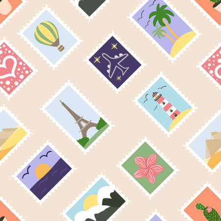 Seamless pattern of postage stamps with world attractions, landscapes and plants. Hand drawn vector illustration.のイラスト素材