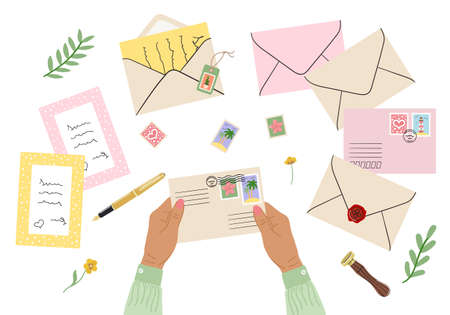 Flat lay illustration of envelopes, letters, postage stamps, stationery and tan female hands holding mails. Workspace and table top view. Hand drawn vector illustrationのイラスト素材