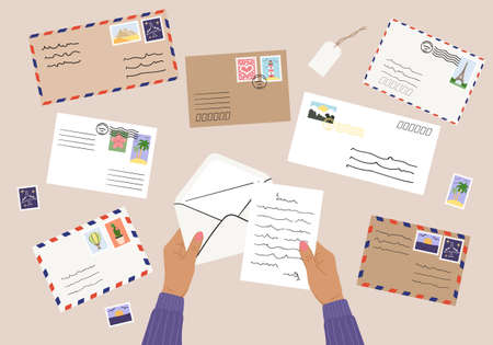 Flat lay illustration of envelopes, letters, postage stamps, stationery and tan female hands holding mails. Workspace and table top view. Hand drawn vector illustrationのイラスト素材
