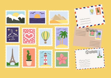 Set of mails and postage stamps with world attractions, landscapes and plants. Concept of sending letter of love and friendship. Hand drawn vector illustration.のイラスト素材