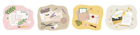 Set of illustration of mails, envelopes, letters, postcards, postage stamps and stationery. Concept of sending letter of love and friendship. Top view. Hand drawn vector illustrationのイラスト素材