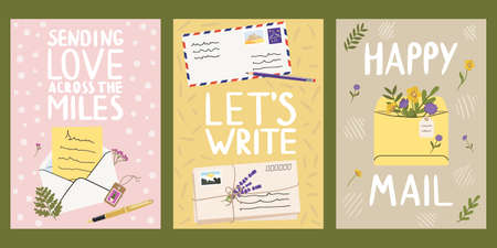 Set of colorful cards with lettering, mails, envelopes, letters and flowers. Concept of sending letter of love and friendship. Hand drawn vector illustrationのイラスト素材
