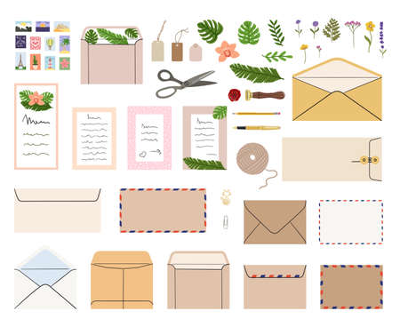 Set of mails, envelopes, letters, postcards, postage stamps and stationery. Concept of sending letter of love and friendship. Top view. Hand drawn vector illustration isolated on white background.のイラスト素材