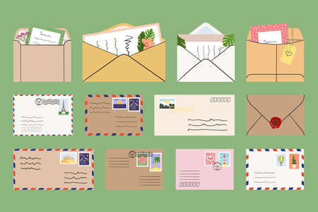 Set of mails, envelopes, letters, postcards, postage stamps. Concept of correspondence with friends and business. Top down view. Hand drawn vector illustration.のイラスト素材