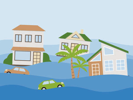 Houses and cars flooding under water concept. Flood natural disaster with rainstorm, weather hazard. Global warming and climate change concept. Flat vector.のイラスト素材