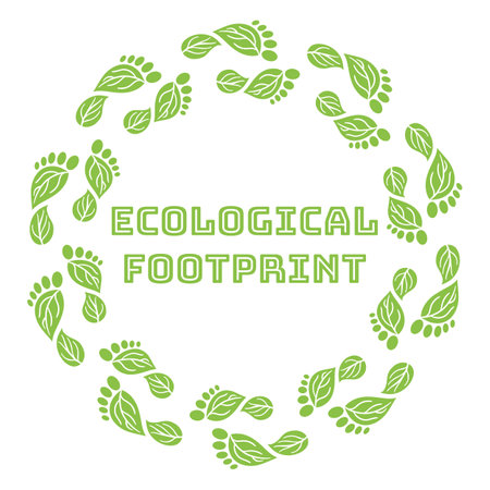 Carbon footprint circle wreath. CO2 ecological footprint symbols with green leaves. Greenhouse gas emission. Environmental and climate change concept. Hand drawn vector illustration.のイラスト素材
