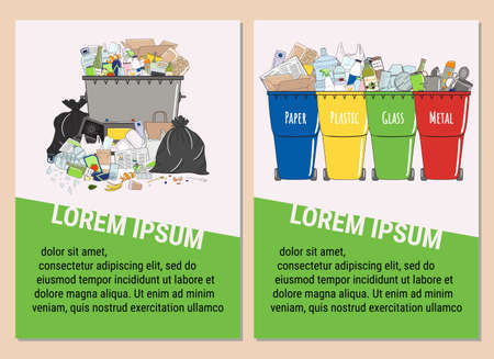 Set of trash bins with mixed and sorted garbage banners. Waste sorting, recycle concept. Prevention of garbage pollution template. Copy space. Hand drawn vector illustration.のイラスト素材