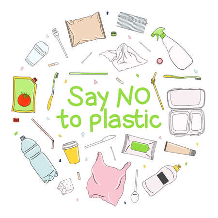 Say no to plastic circle poster. Concept of prevention of plastic pollution. Eco-friendly sustainable lifestyle. Ecological poster. Hand drawn vector illustration.のイラスト素材