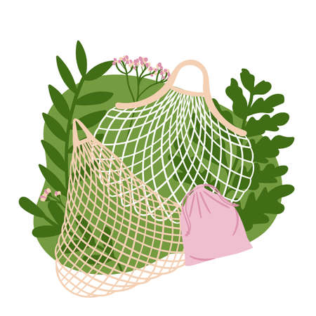 Collection of bags and mesh with green leaves. Concept of zero waste store. Eco-friendly sustainable lifestyle. No plastic print. Hand drawn vector illustration.のイラスト素材