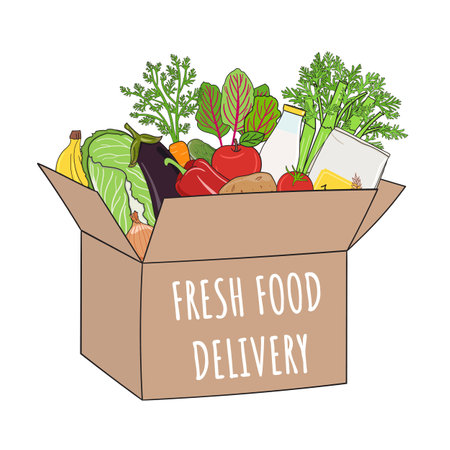 Fresh food delivery concept. Vegetables and fruits in paper box. Organic market and healthy food print. Hand drawn vector illustration.のイラスト素材