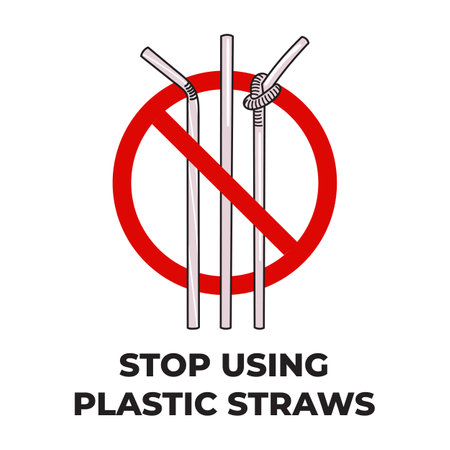 Stop using plastic straw poster. Ban on single-use plastics. Concept of prevention of waste pollution. Eco-friendly sustainable lifestyle. Ecological print. Hand drawn vector illustration.のイラスト素材