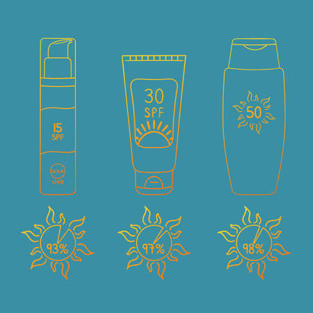 Set of sunscreen bottles, tubes with different SPF from 15 to 50. Infographic amount SPF protection that blocks UVB rays. Sunscreen cream, lotion collection. Hand drawn line vector illustration.のイラスト素材