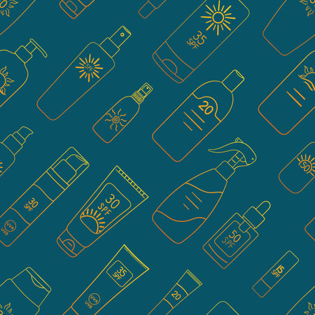 Seamless pattern of sunscreen bottles, tubes, spray. SPF cream, lotion ornament. Sunscreen...