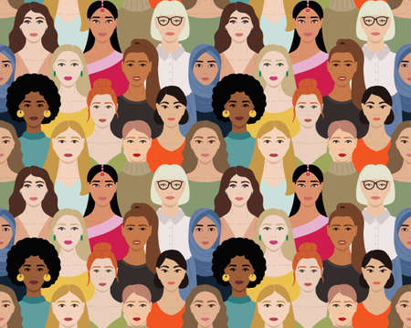 Seamless pattern of female multinational diverse faces. International Womens Day pattern. Female empowerment and go girl poster. Hand drawn vector illustration of faces of women.のイラスト素材