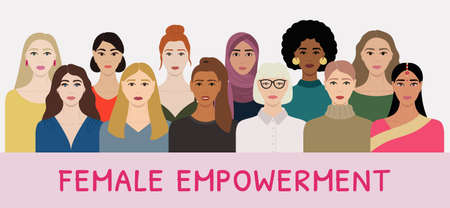 Set of diverse female faces with different ethnics, skin colors, hairstyles. Women stay together for female empowerment and go girl poster. Hand drawn vector illustration.のイラスト素材