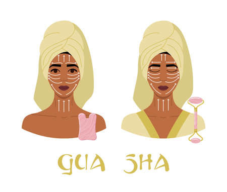 Facial massage direction infographic. Portraits of young African women with opened and closed eyes in towel on head with rose quartz gua sha scraper and face roller. Hand drawn vector illustration.のイラスト素材