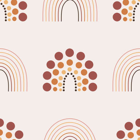 Seamless pattern with boho rainbows in terracotta colors. Neutral nursery art design for decoration, bohemian printing for fabric and wall art. Hand drawn vector illustration.のイラスト素材