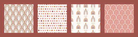 Set of seamless patterns with boho rainbows in terracotta colors. Neutral nursery art design for decoration, bohemian printing for fabric and wall art. Hand drawn vector illustration.のイラスト素材