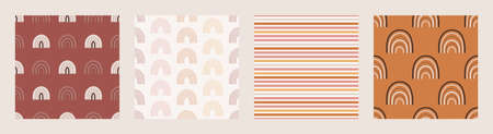 Set of seamless patterns with boho rainbows in terracotta colors. Neutral nursery art design for decoration, bohemian printing for fabric and wall art. Hand drawn vector illustration.のイラスト素材