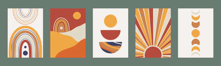 Set of minimalist geometric boho wall decor prints. Abstract posters for modern bohemian esthetic interior. Contemporary printable artwork. Sun, Moon and rainbow. Hand drawn vector illustration.のイラスト素材