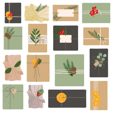 Set of eco-friendly packaging gifts with green, black, brown wrapping kraft paper, pine branches, jute, dry orange, red berries in rustic style. Christmas gift boxes. Hand drawn vector illustrationのイラスト素材