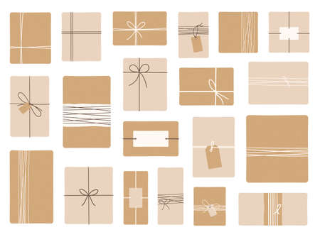 Set of zero waste, eco-friendly packaging gifts. Wrapping present boxes with kraft paper and twine ribbon and decorative crafting paper. Eco decor in pastel colors. Hand drawn vector illustrationのイラスト素材