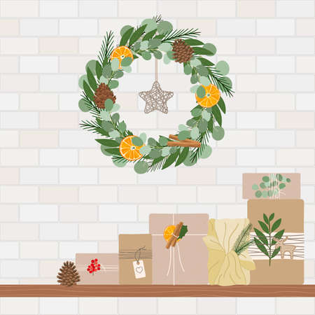 Christmas wreath made with pine, eucalyptus, spruce, pine cone, dry orange, greens. Shelf with present gifts in kraft paper. Eco Christmas. Hand drawn vector illustrationのイラスト素材