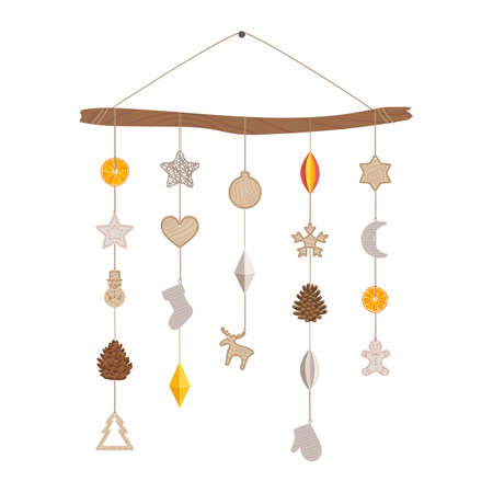 Alternative Christmas tree made with branch and eco wood, paper, textile toys, pine cone, dry orange hanging on a rope. Plastic free winter holidays. Hand drawn vector illustrationのイラスト素材