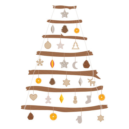 Alternative eco Christmas tree made with branches and wood, paper, textile eco toys, pine cone, dry orange. Plastic free winter holidays. Hand drawn vector illustrationのイラスト素材