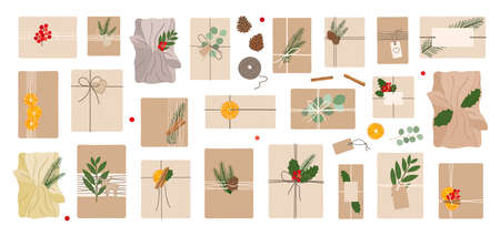 Set of zero waste, eco-friendly packaging gifts. Wrapping present boxes with kraft paper, furoshiki, pine branches, jute, dry orange, red berries. Christmas gifts. Hand drawn vector illustrationのイラスト素材