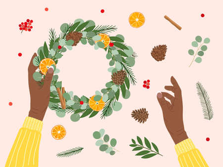 Black female hands hold and make Christmas wreath with eco-friendly materials. Fir, pine cone, cinnamon, dry orange, bay, red berries. Eco Christmas concept. Hand drawn vector illustrationのイラスト素材