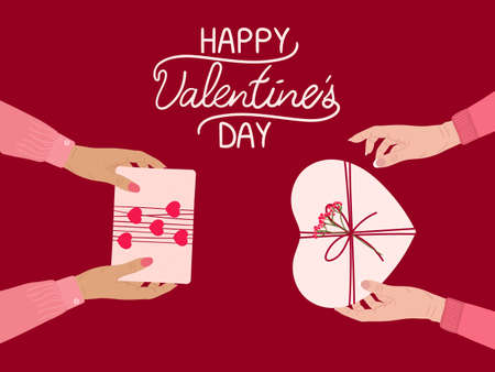 Valentine's day concept. White women exchange romantic gift boxes wrapped into kraft paper with hearts. Lgbt card, homosexual, lesbian couple. Hand drawn vector illustration.のイラスト素材